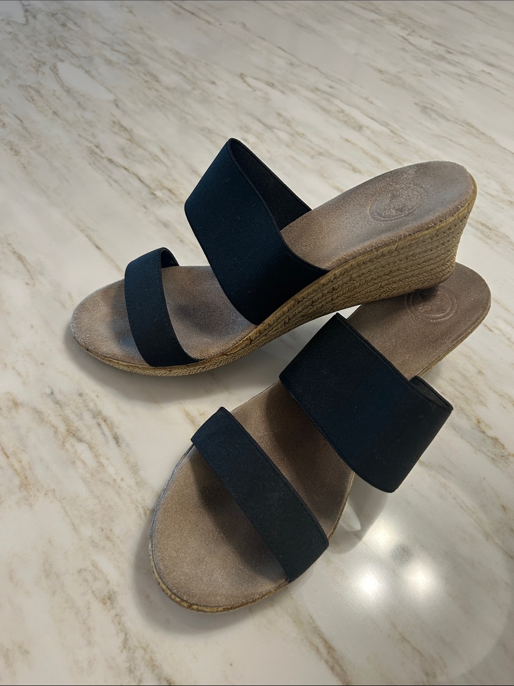 CHARLESTON SHOE CO. Black Two-Strap Espadrille Wedge Slides